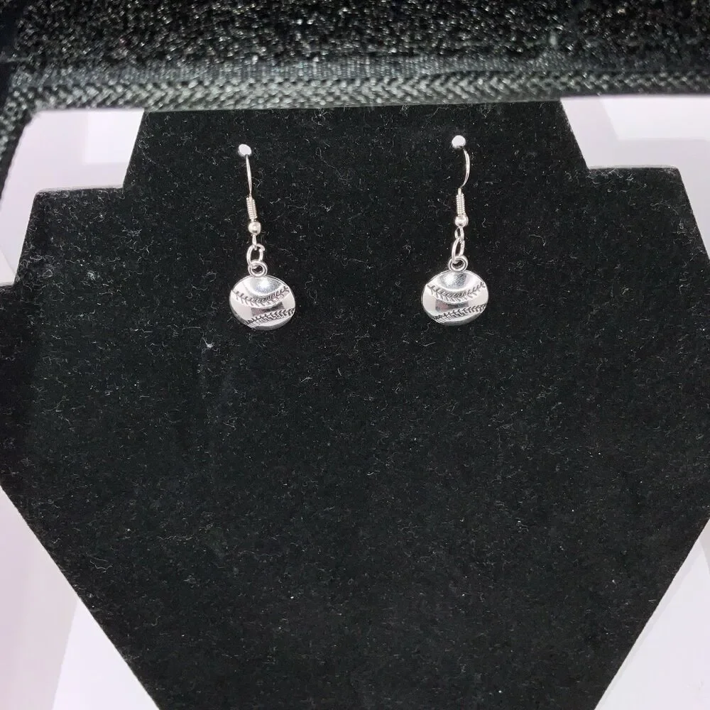 Baseball, Softball With Hook Earrings Shiny Finish Silver Play Ball New
